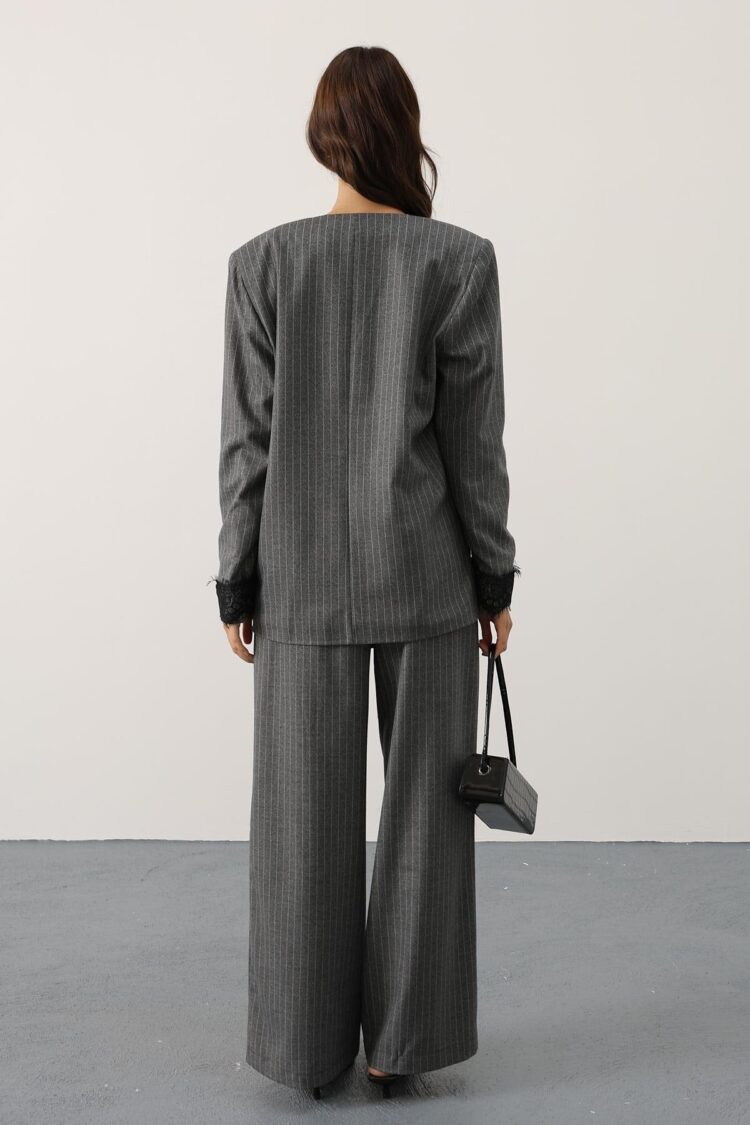 Striped Lace Detailed Palazzo Pants - Grey