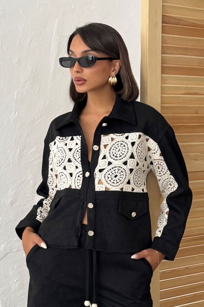 Lace Detailed Suede Look Women's Shirt Jacket -