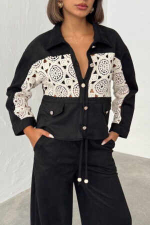Lace Detailed Suede Look Women's Shirt Jacket -