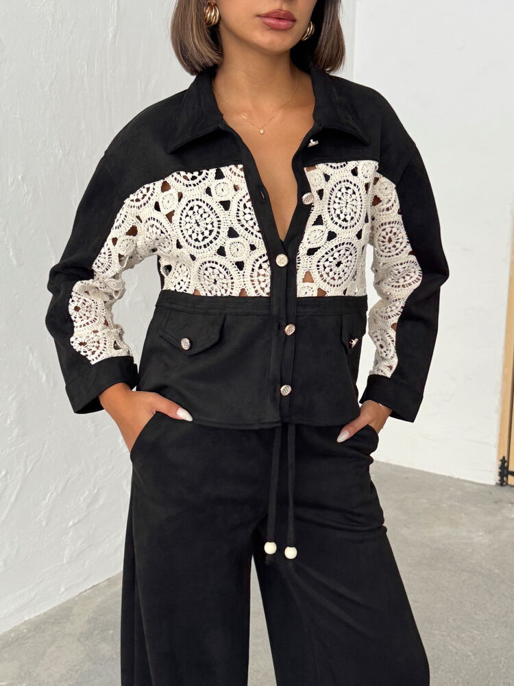 Lace Detailed Suede Look Women's Shirt Jacket -| | F1957
