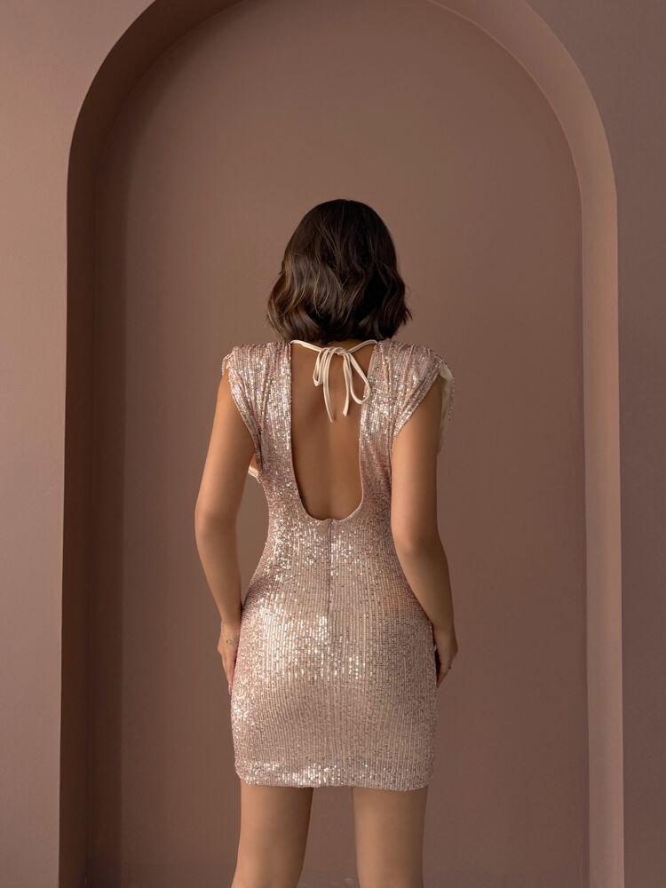 Sparkling Sequin Embroidered Back Neckline Mini Evening Dress - Copper | F1867