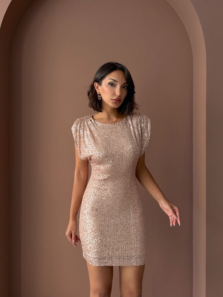 Sparkling Sequin Embroidered Back Neckline Mini Evening Dress - Copper | F1867