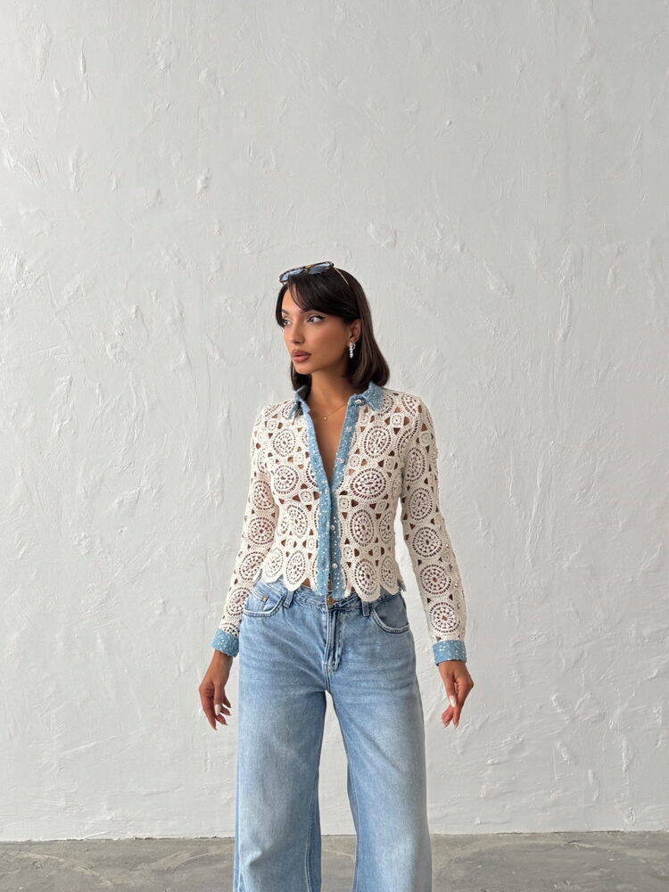 White Boho Slim Fit Blouse With Polo Neck