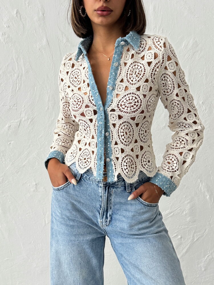 White Boho Slim Fit Blouse With Polo Neck