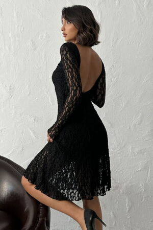 Lace Fabric Back Neckline Black Midi Wholesale Dress - Black