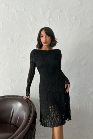 Lace Fabric Back Neckline Black Midi Wholesale Dress - Black