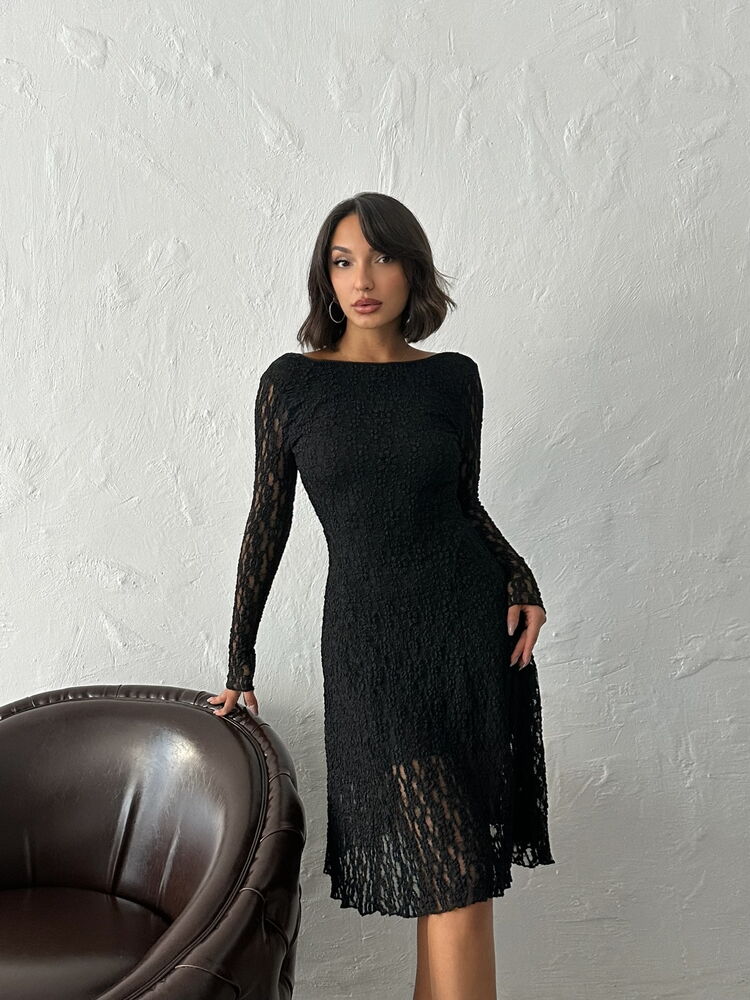 Lace Fabric Back Neckline Black Midi Wholesale Dress - Black | F1923