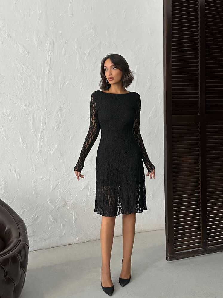 Lace Fabric Back Neckline Black Midi Wholesale Dress - Black | F1923