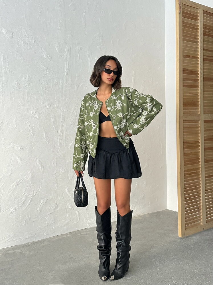 Green Bomber Jacket Casual Streetwear Floral