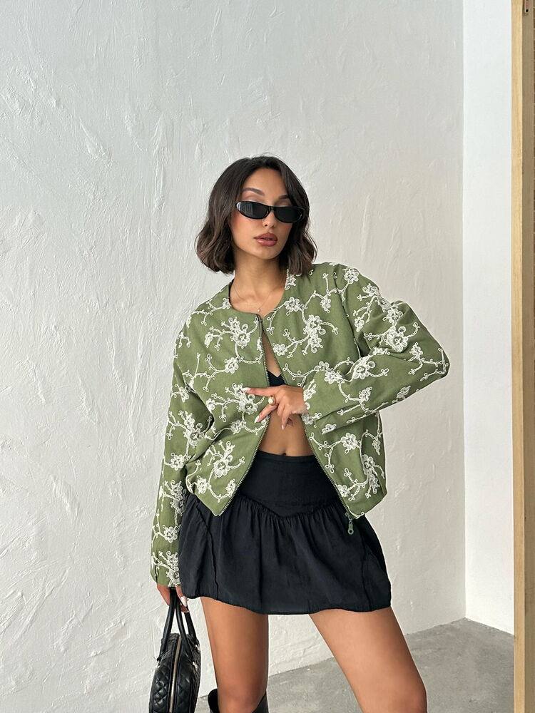 Green Bomber Jacket Casual Streetwear Floral