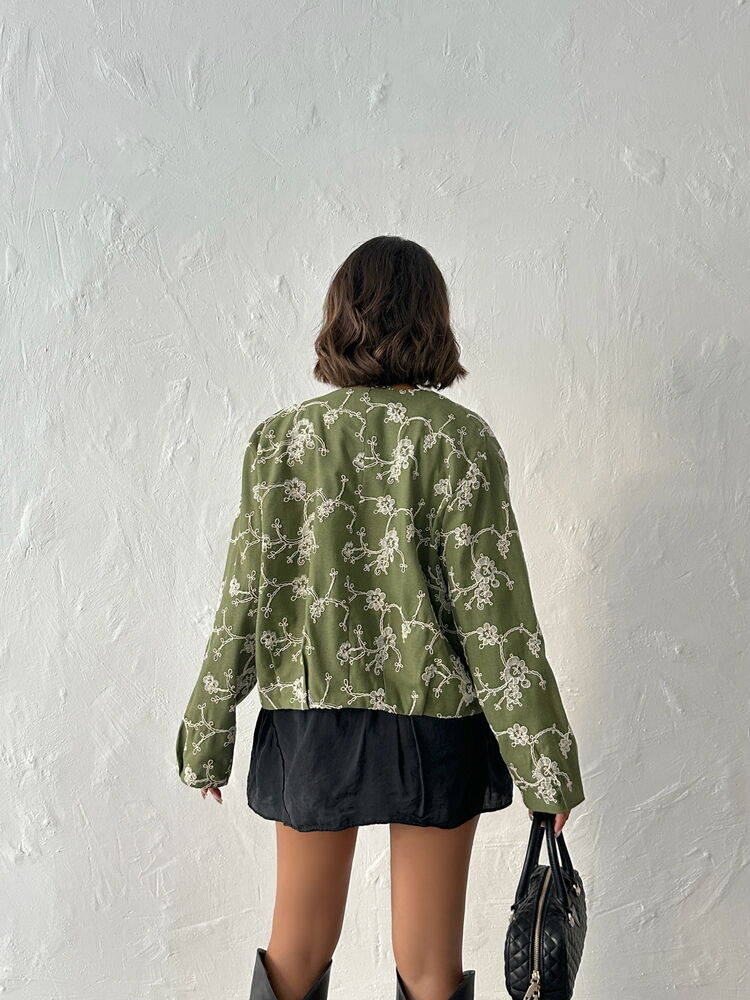 Green Bomber Jacket Casual Streetwear Floral