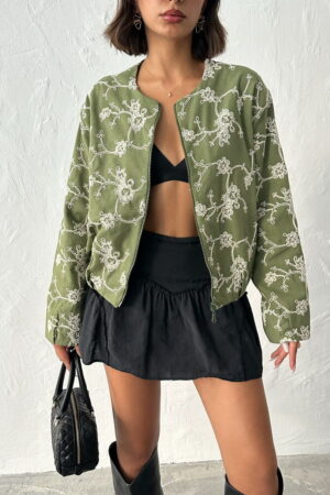 Green Bomber Jacket Casual Streetwear Floral - Brand: Topshow - Women & Kids, Baby Clothes Wholesale - Globality Store