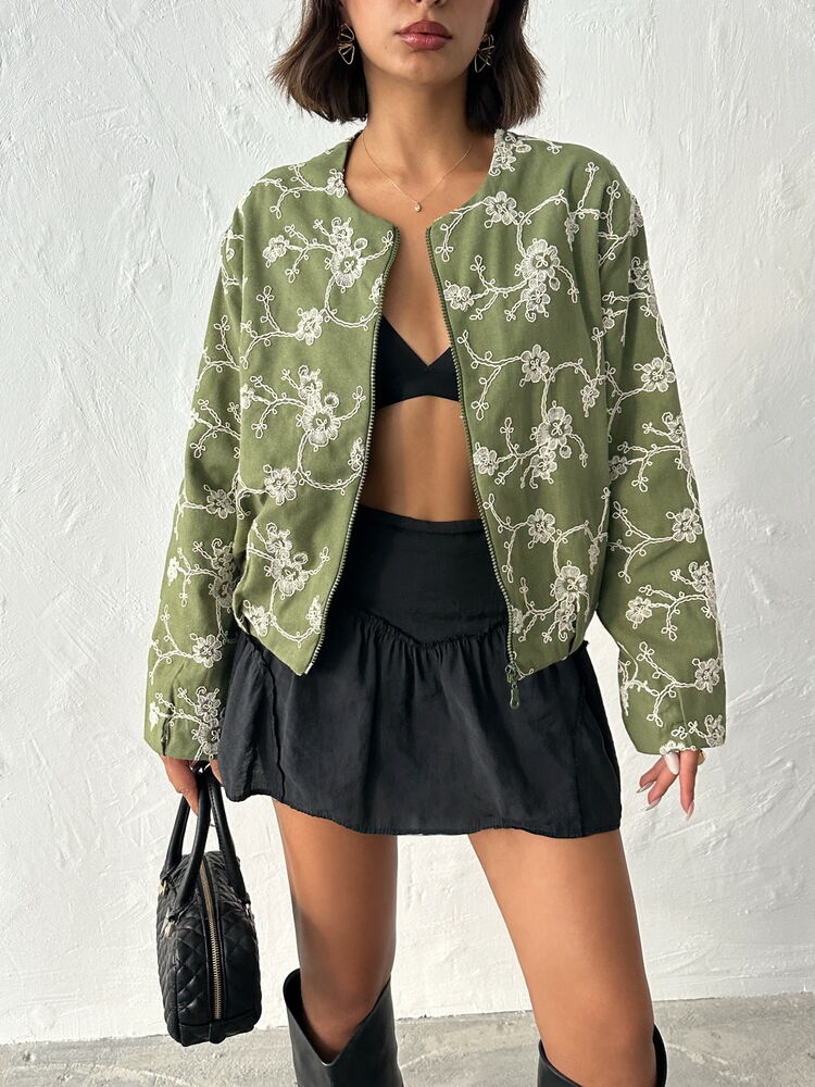 Green Bomber Jacket Casual Streetwear Floral
