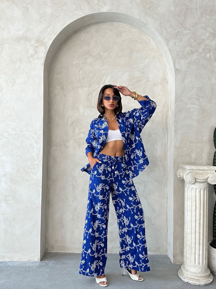 Blue Floral Palazzo Set With Slant Pocket