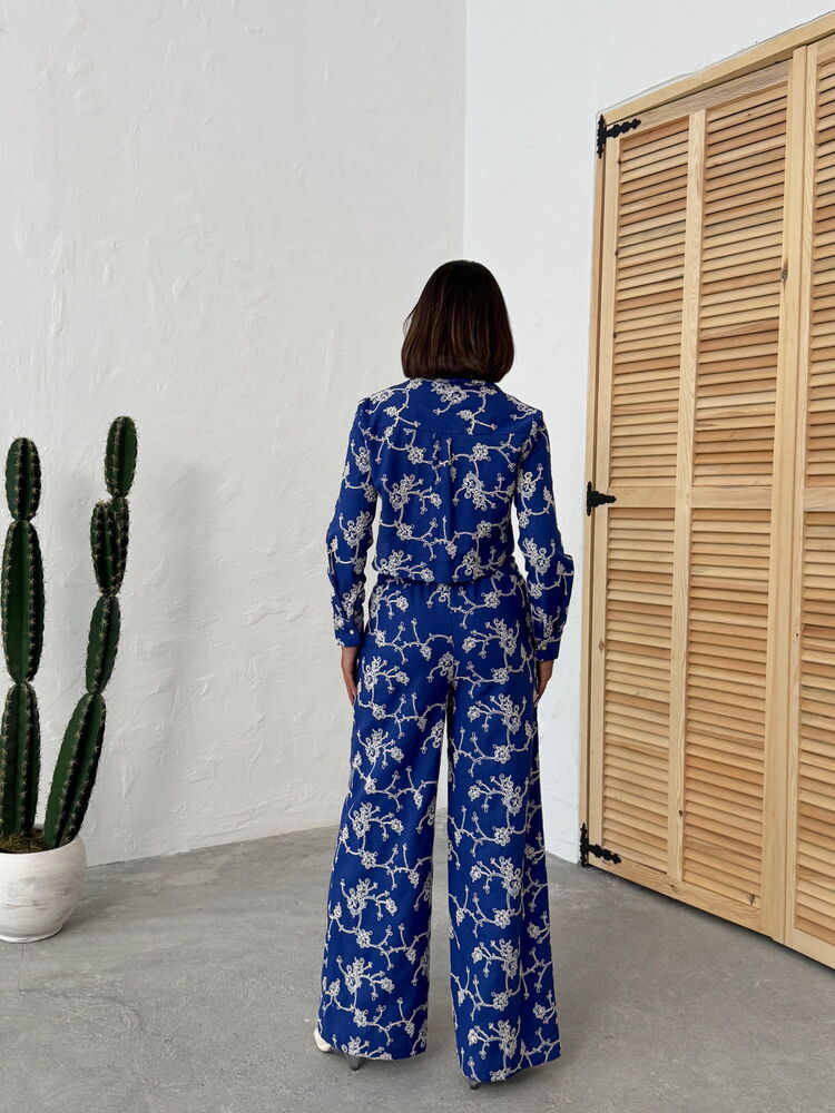 Blue Floral Palazzo Set With Slant Pocket