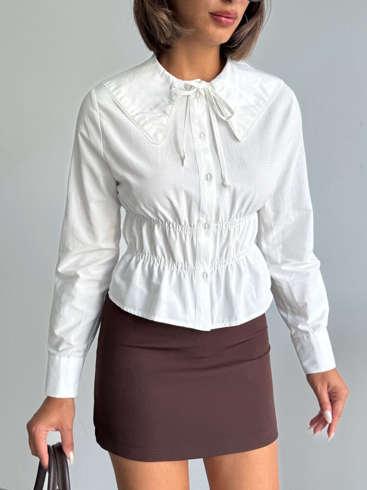 White Elegant Fitted Blouse With Long Sleeves