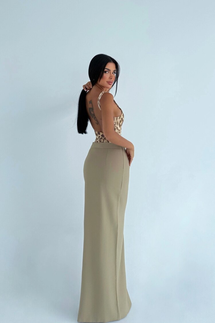Khaki Elegant High Waist Wrap Maxi Skirt
