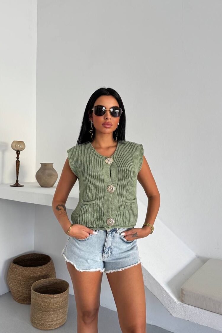 Green Cardigan With Buttoned Closure And Flap Pocket