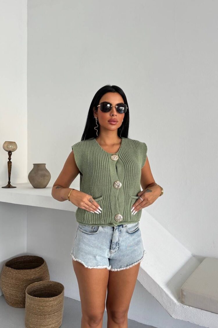 Green Cardigan With Buttoned Closure And Flap Pocket - Brand: My Jest Fashion - Women & Kids, Baby Clothes Wholesale - Globality Store