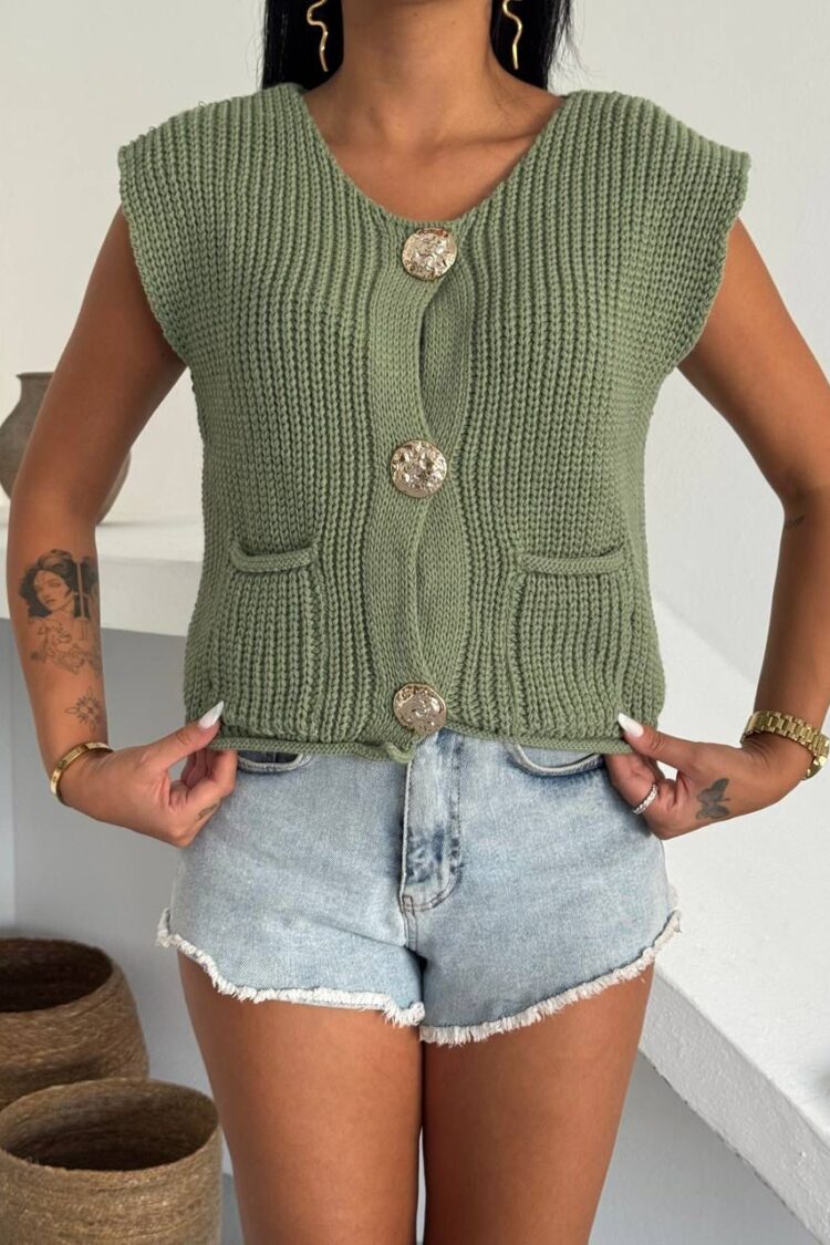 Green Cardigan With Buttoned Closure And Flap Pocket