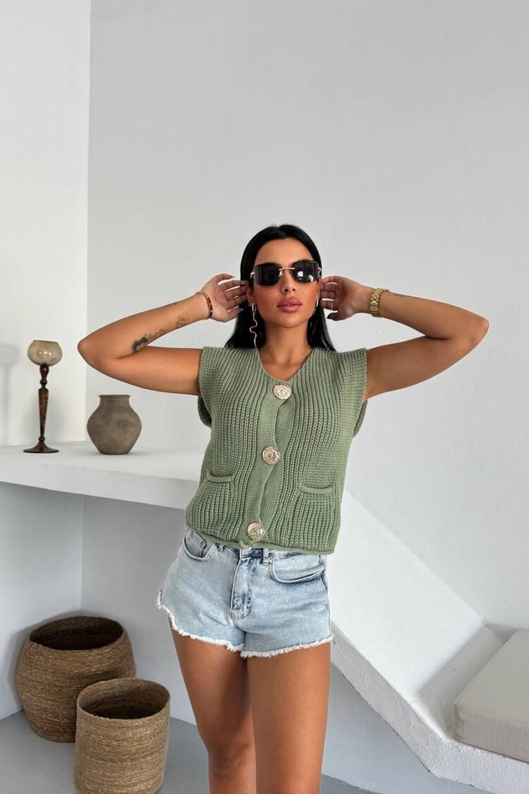 Green Cardigan With Buttoned Closure And Flap Pocket