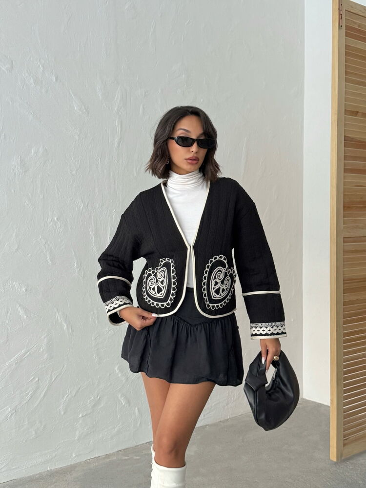 Black Ethnic Shacket Jacket With V-Neck Collar
