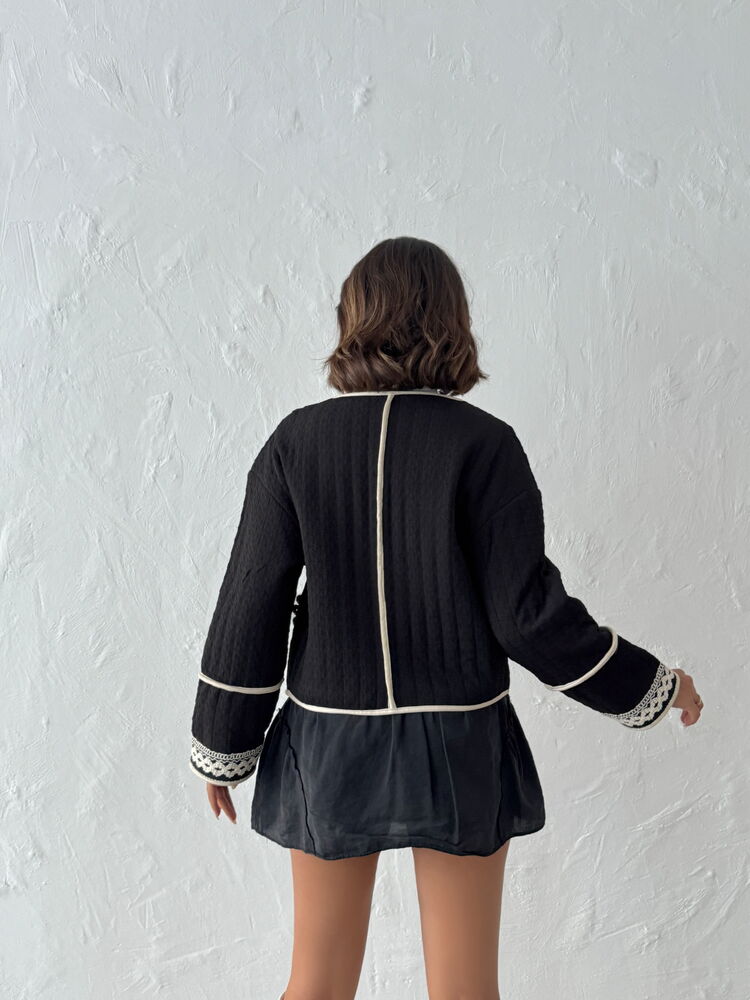 Black Ethnic Shacket Jacket With V-Neck Collar
