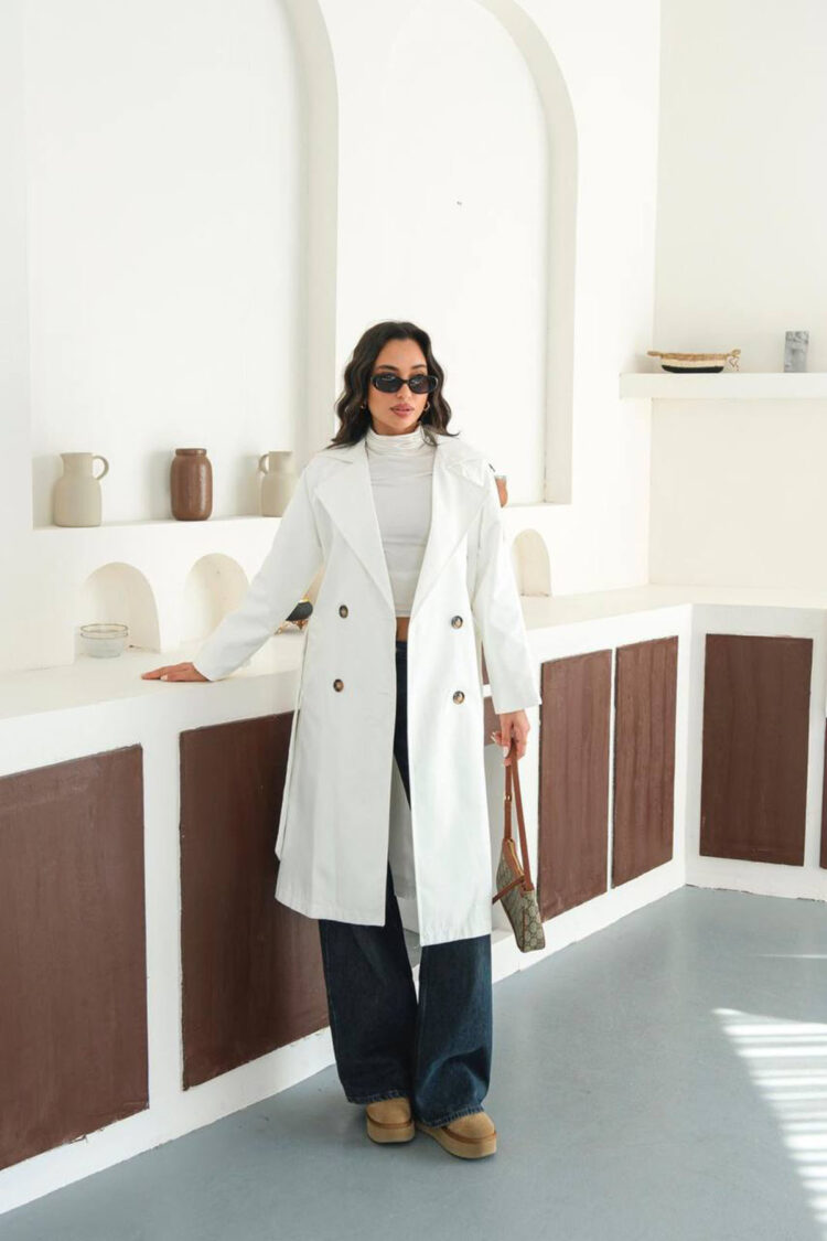 White Trenchcoat Classic Single-Breasted With Notched Collar