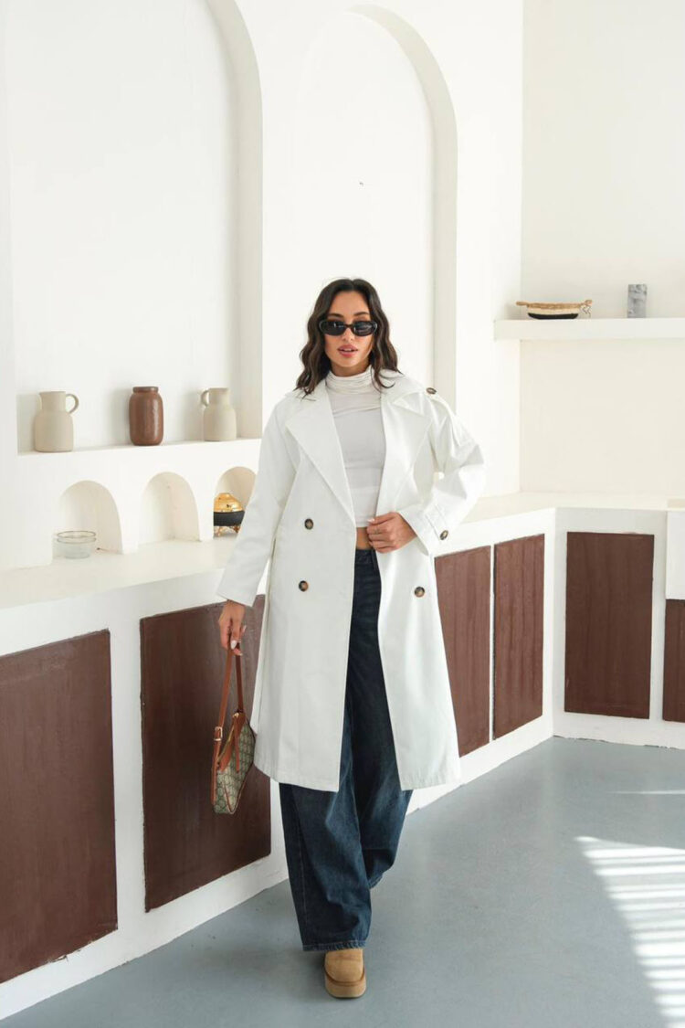White Trenchcoat Classic Single-Breasted With Notched Collar