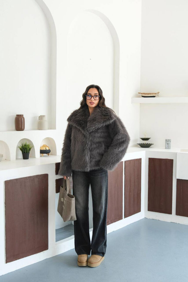 Grey Fur Single-Breasted Oversized Fit Coat