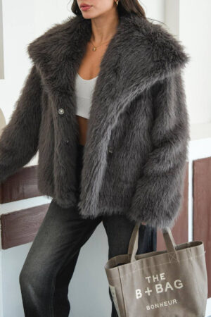 Grey Fur Single-Breasted Oversized Fit Coat - Brand: Mode Roy - Women & Kids, Baby Clothes Wholesale - Globality Store