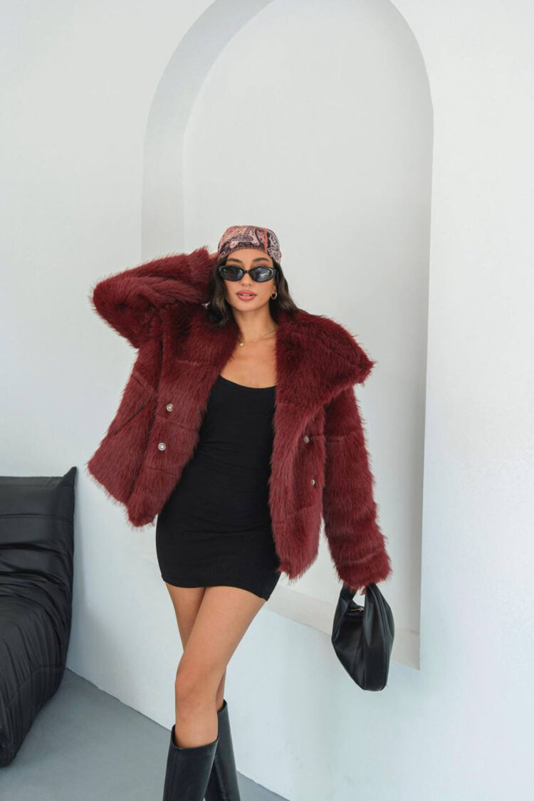 Lined Fur Coat - Burgundy