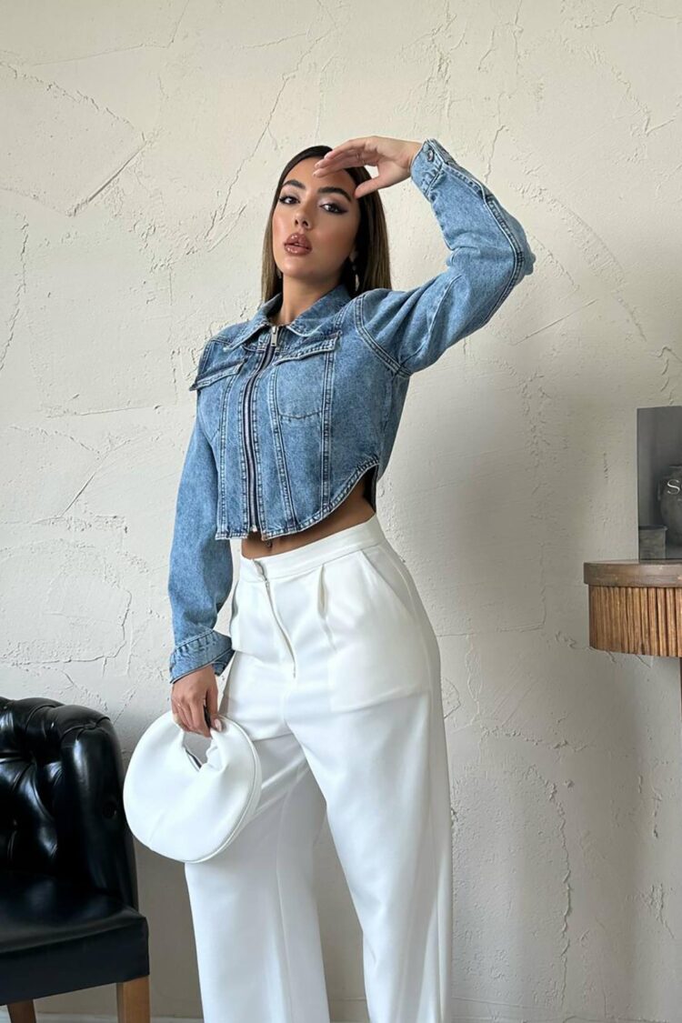 Blue Slim Fit Crop Shacket Jacket