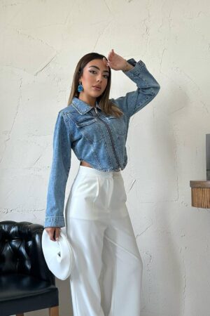 Blue Slim Fit Crop Shacket Jacket - Brand: Elisa - Women & Kids, Baby Clothes Wholesale - Globality Store