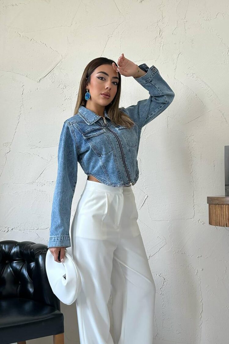 Blue Slim Fit Crop Shacket Jacket