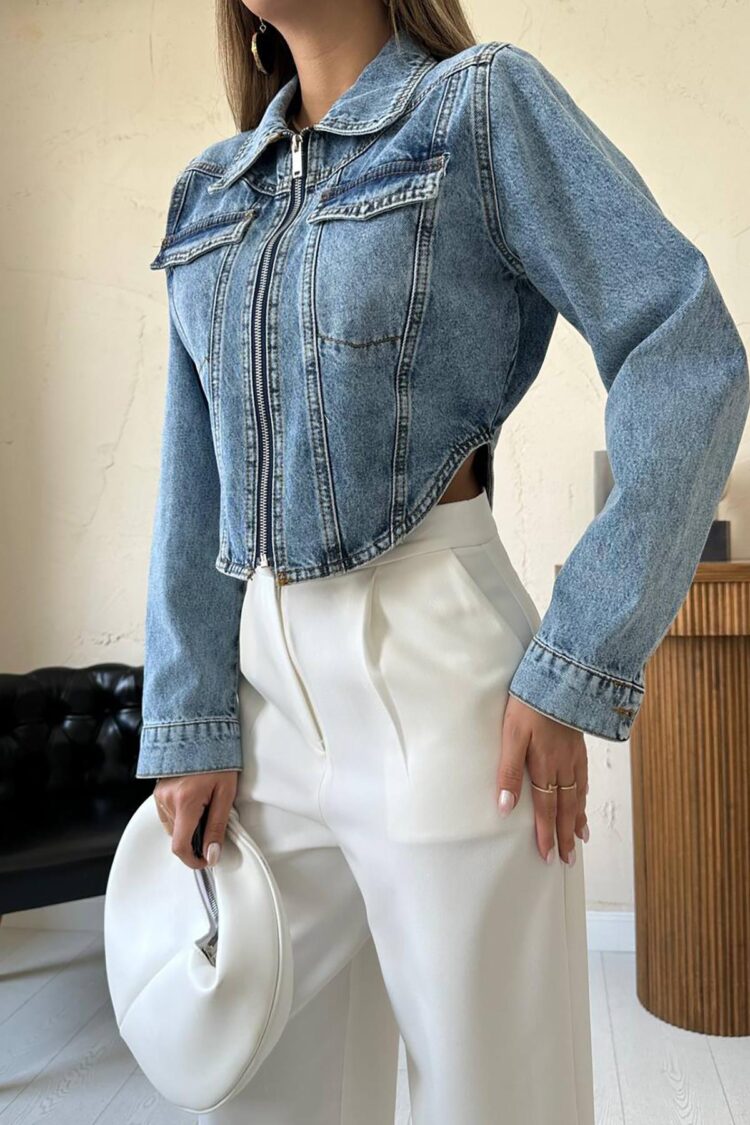 Blue Slim Fit Crop Shacket Jacket