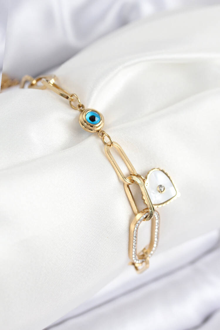 316l Steel Evil Eye Bead And Zircon Stone Heart Model Gold Color Women Bracelet - Brand: Ebijuteri - Women & Kids, Baby Clothes Wholesale - Globality Store