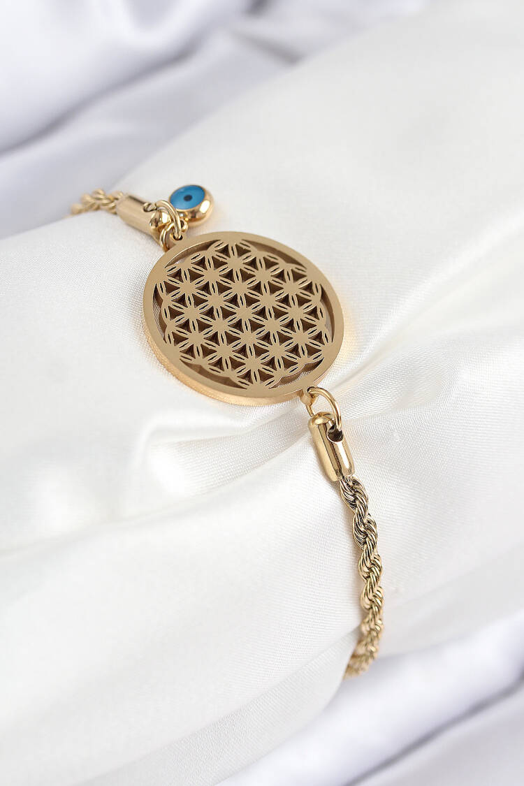 316l Steel Evil Eye Bead Detailed Flower Of Life Model Gold Color Women Bracelet - Brand: Ebijuteri - Women & Kids, Baby Clothes Wholesale - Globality Store