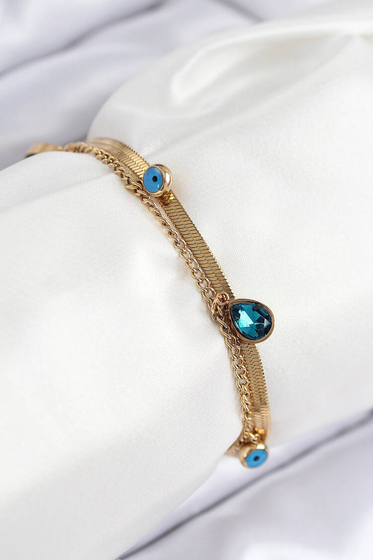 316l Steel Evil Eye Beads Detailed Blue Zircon Stone Pattern Italian Chain Gold Color Women Bracelet - Brand: Ebijuteri - Women & Kids, Baby Clothes Wholesale - Globality Store