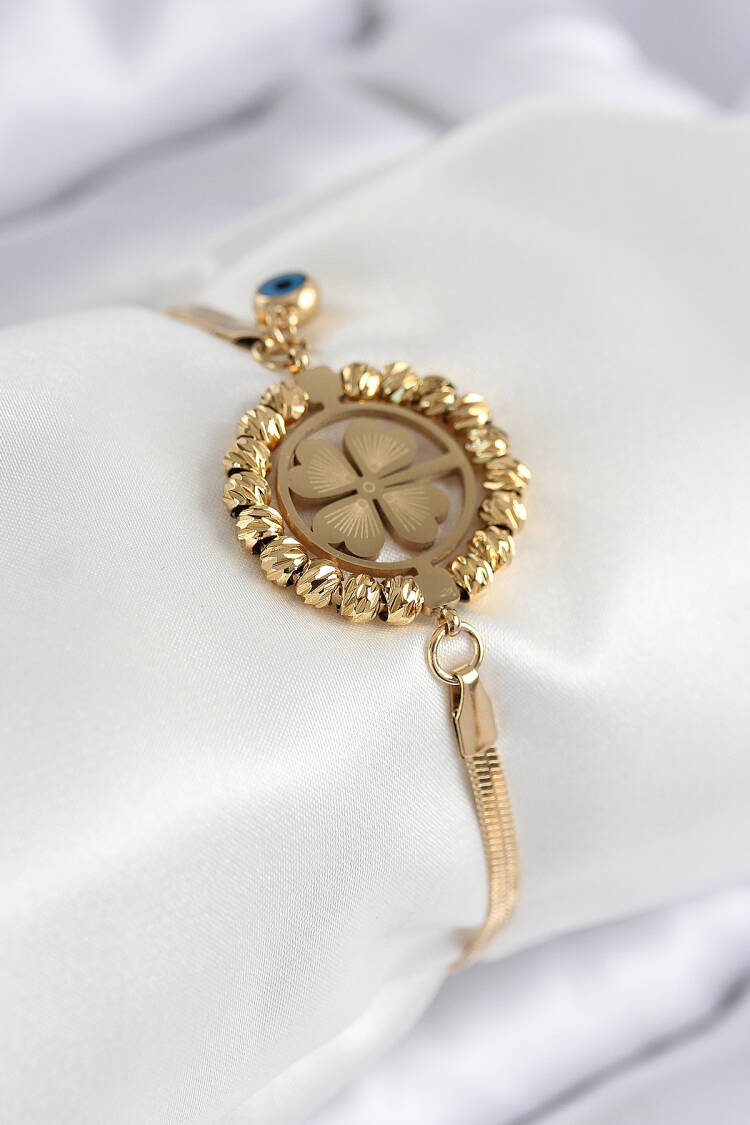 316l Steel Evil Eye Beads Detailed Clover Pattern Italian Chain Gold Color Women Bracelet - Brand: Ebijuteri - Women & Kids, Baby Clothes Wholesale - Globality Store