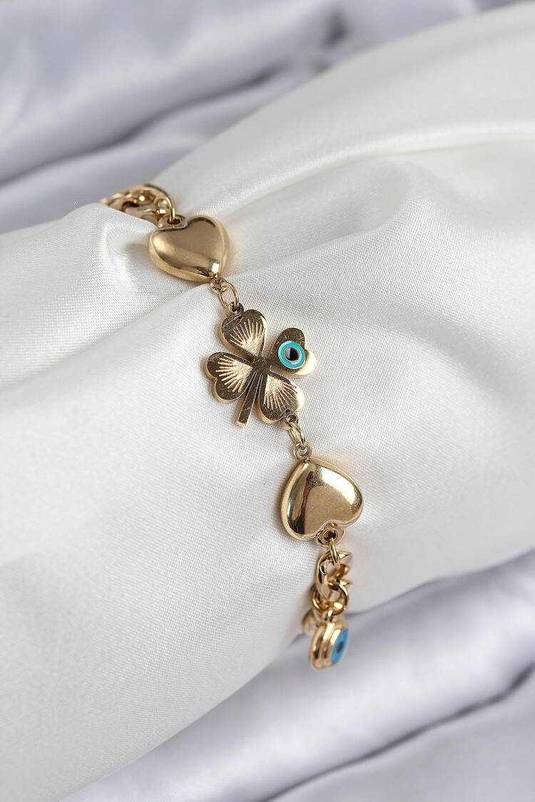 316l Steel Evil Eye Beads Detailed Clover Model Gold Color Women Bracelet - Brand: Ebijuteri - Women & Kids, Baby Clothes Wholesale - Globality Store