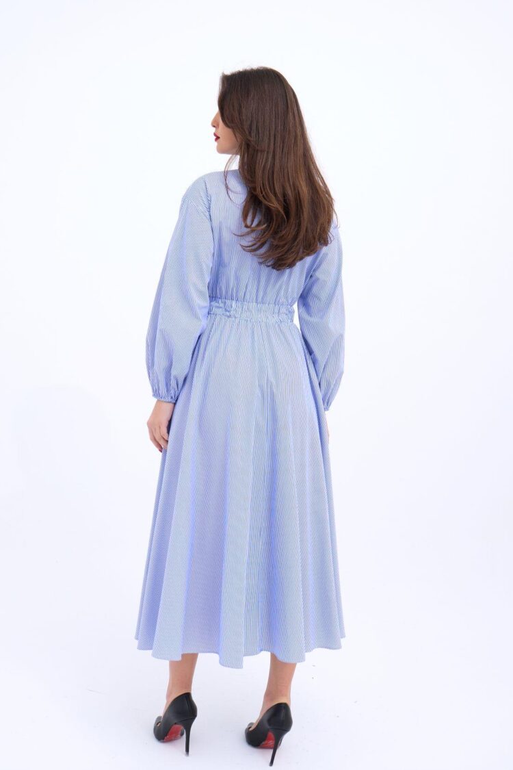 Blue Striped Shirt Dress With Polo Neck