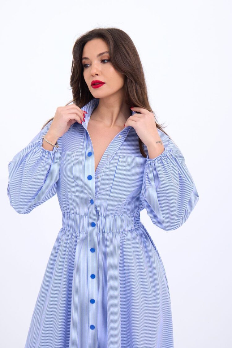 Blue Striped Shirt Dress With Polo Neck