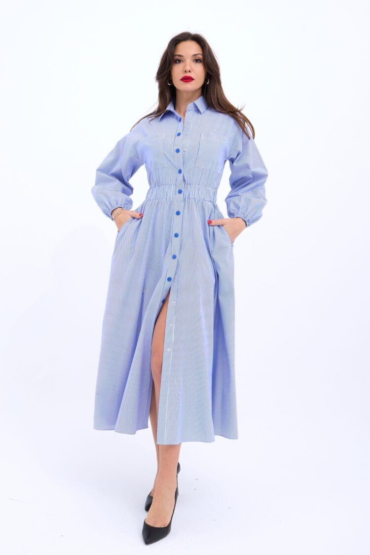 Blue Striped Shirt Dress With Polo Neck - Brand: Fame - Women & Kids, Baby Clothes Wholesale - Globality Store