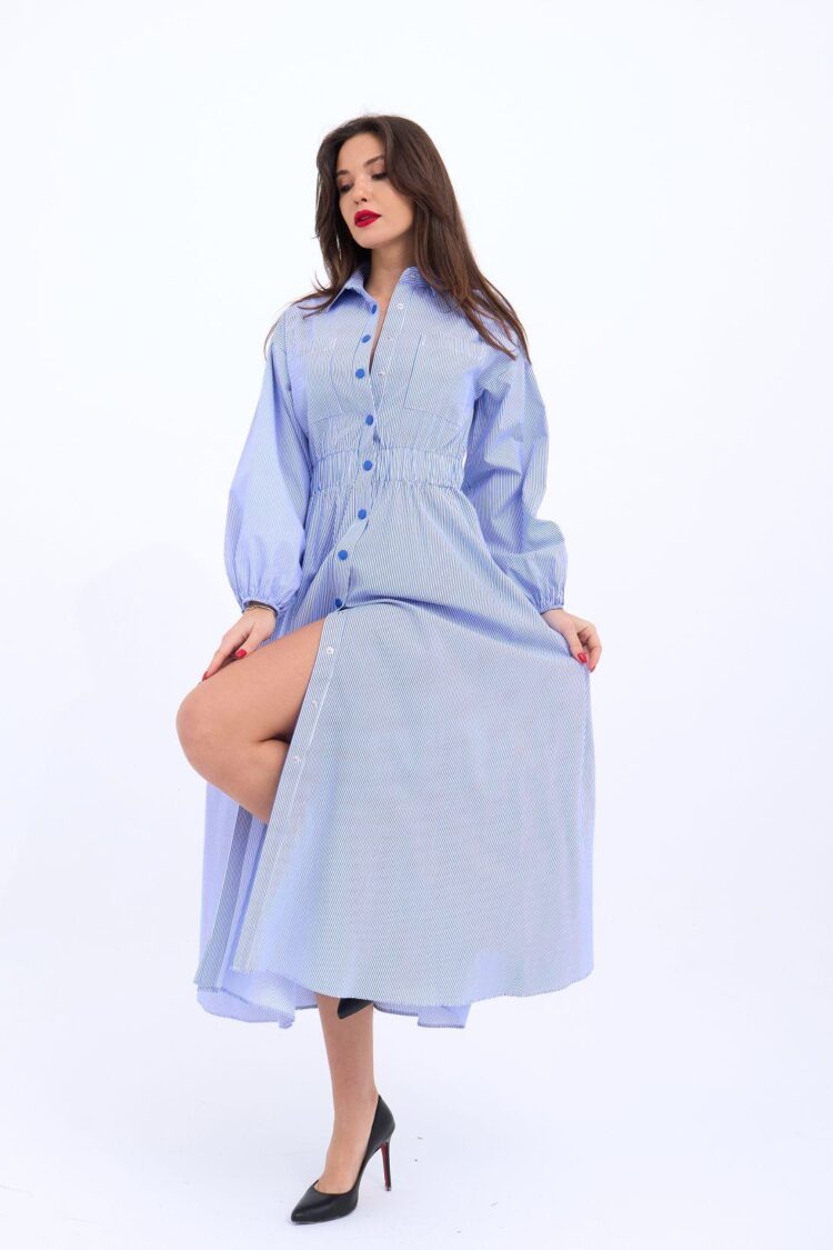 Blue Striped Shirt Dress With Polo Neck