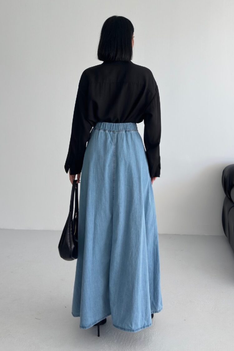 Blue Casual High Waist Flared Maxi Skirt