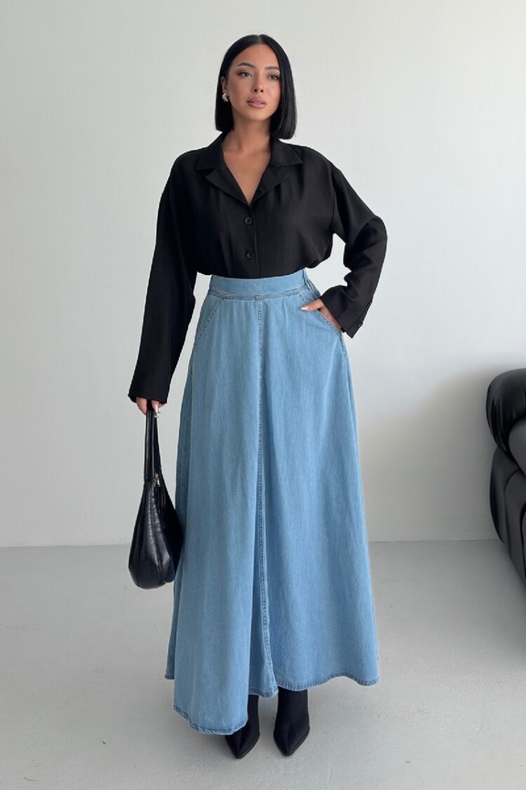 Blue Casual High Waist Flared Maxi Skirt