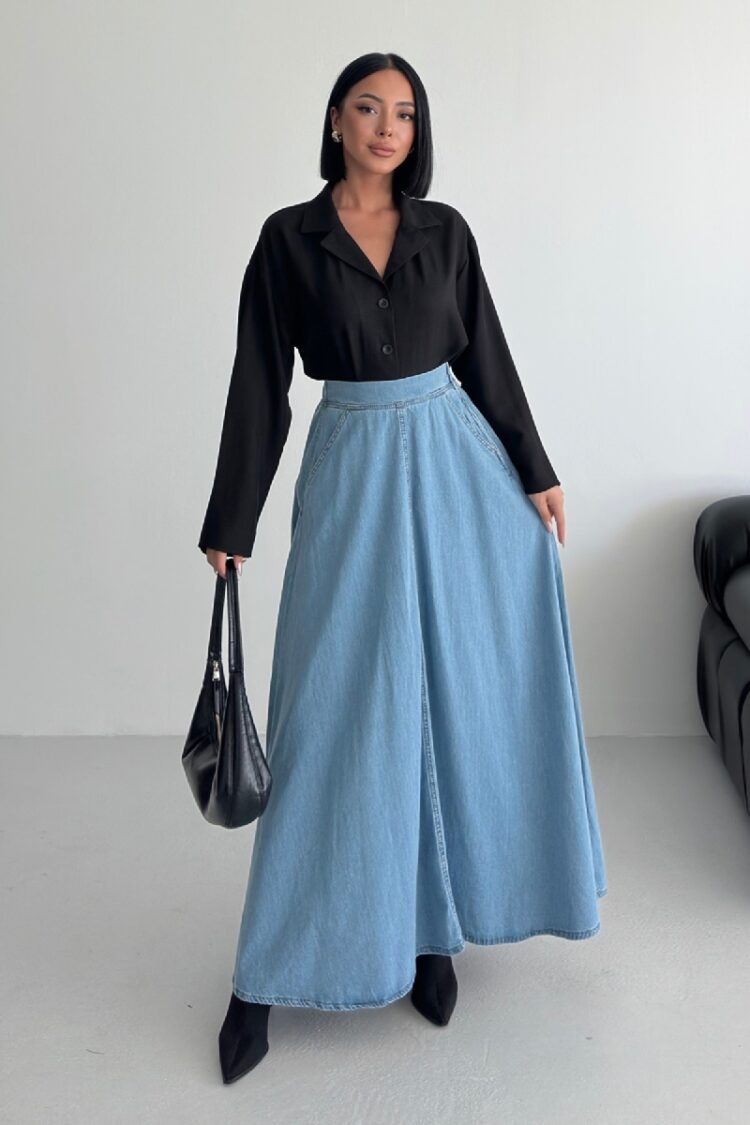 Blue Casual High Waist Flared Maxi Skirt