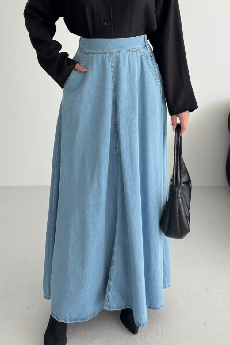 Blue Casual High Waist Flared Maxi Skirt