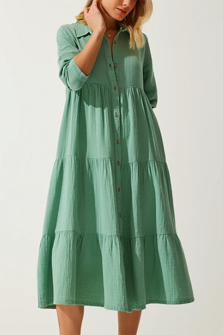 Green Casual Boho Shirt Dress With Notched Neck